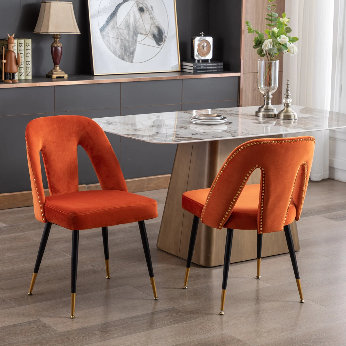 Set of 2 Velvet Upholstered Dining Chairs W/ Gold Nailheads Metal Legs  Orange US