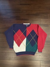 Vintage Par Four Heavy Knit Golf Sweater Size Medium Red Blue Green Diamond