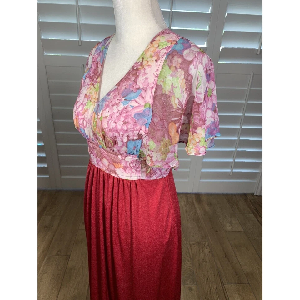 Vintage 70s Roberta California Maxi Dress Womens S Red Pink Floral Boho Hippie - Image 3 of 4