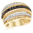 Wide Band Cocktail Right Hand Ring 18K Yellow Gold Braided Black White Diamond