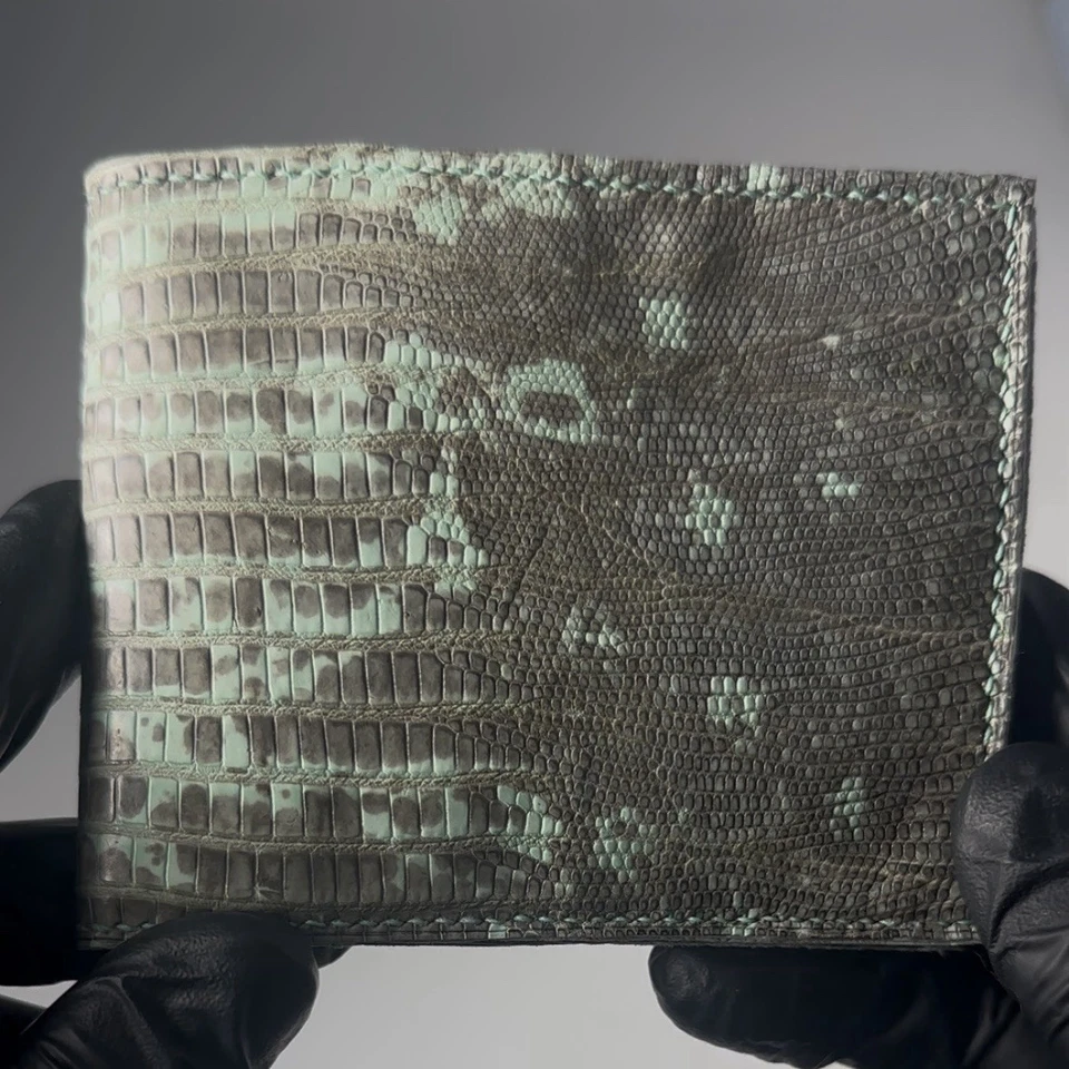 Cartera de lujo hecha a mano doble pliegue piel de lagarto verde como nueva para hombre Foto 2 de 4