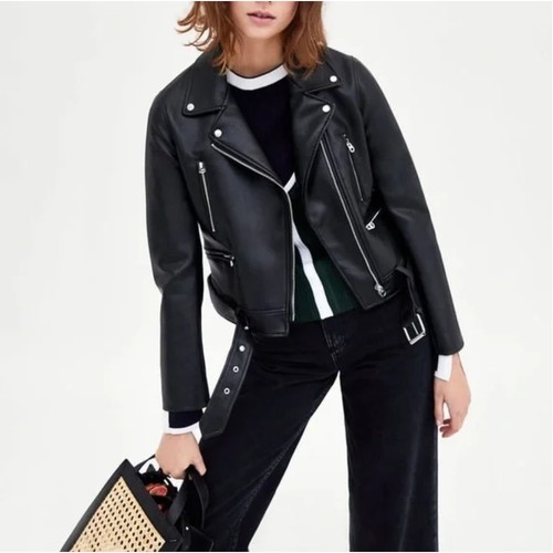 NWT Women's Zara Bloggers Favorite Faux Leather Black Moto Jacket size L Grunge