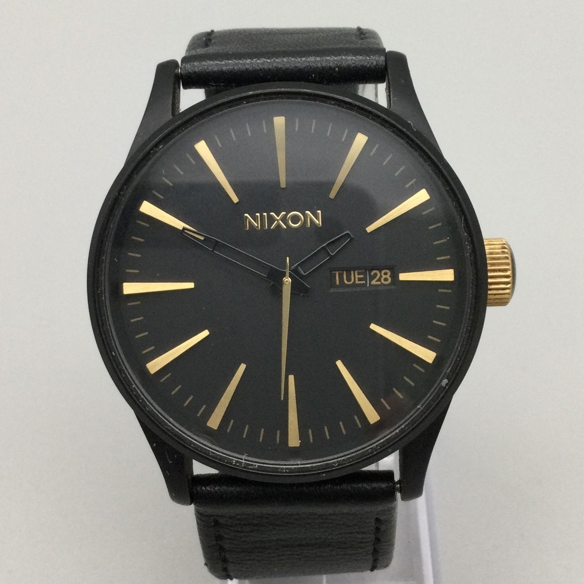 Nixon The Sentry Mens Watch 42mm Black Gold Dial Leather Day Date