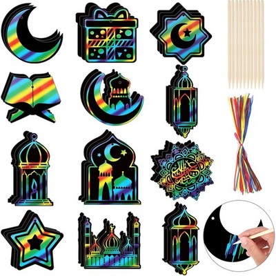 Pack of 36 Ramadan Eid Scratch Pictures for Children, Star Moon Lantern Mosqu...