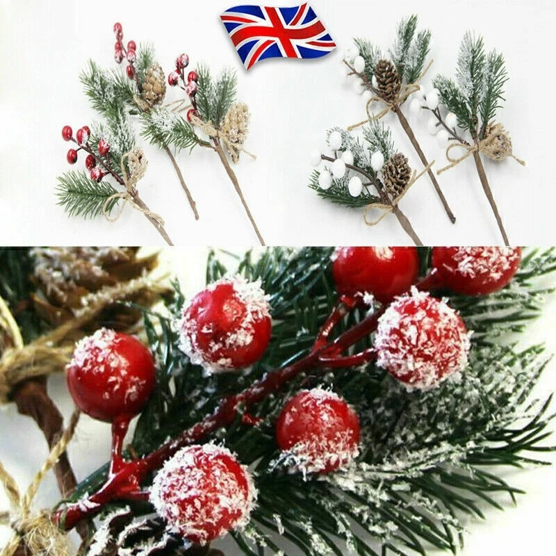 10X Fake Snow Frost Pine Branch Cone Berry Holly Xmas Tree Christmas Ornament UK - Image 4 of 4