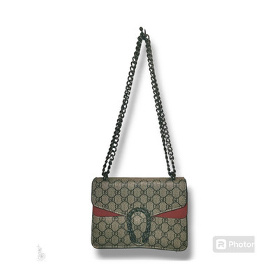 Women s Monogram Rectangle Shoulder Bag Beige/Black/Red Trim Black Chain Strap