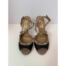 Valentino Garavani Rockstud Peep Toe Cage Sandals Black Poudre Leather 37.5
