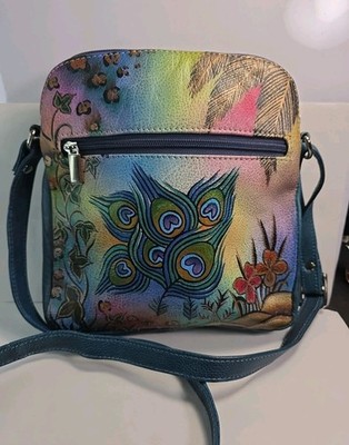 Biacci Handpainted Leather Floral Peacock Feathers Blue Purse Handbag Crossbody