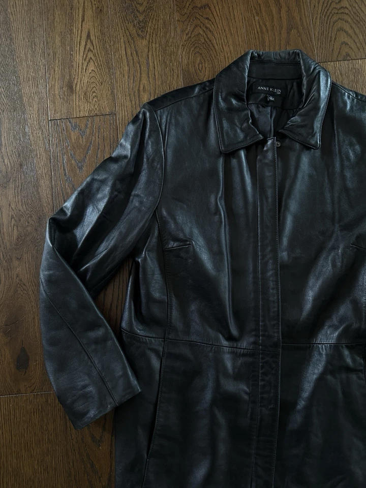 Abrigo Anne Klein de cuero negro grande para mujer - 100 % piel de cordero genuina Foto 3 de 4
