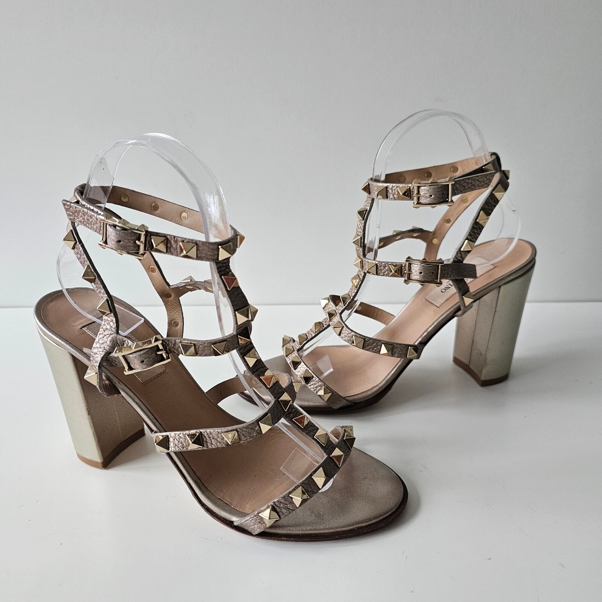 Valentino Rockstud City Block Heel Strappy Bronze Leather Sandal