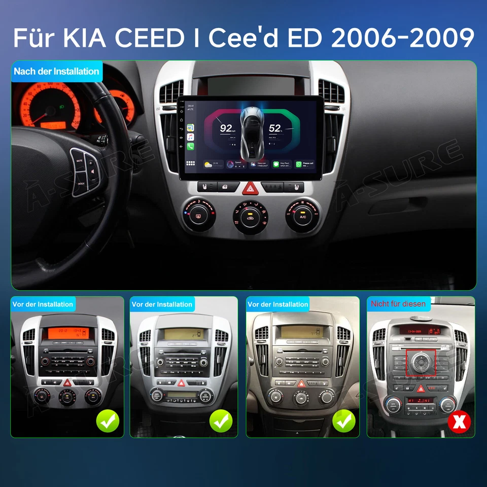 9'' Autoradio 2+64GB Android 14 GPS Navi Wifi CarPlay für Kia Ceed ED 2006-2009 - Bild 4 von 4