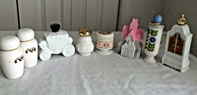 Avon 8 WHITE MILK GLASS FULL bottles vtg NOS Prima natura house carriage mix lot
