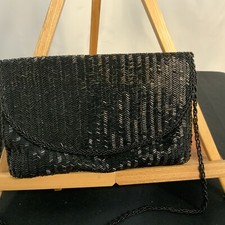 BLACK SEQUINED CHEVRON PATTERNED EVENING BAG WITH BLACK PEARL BEAD STRAP