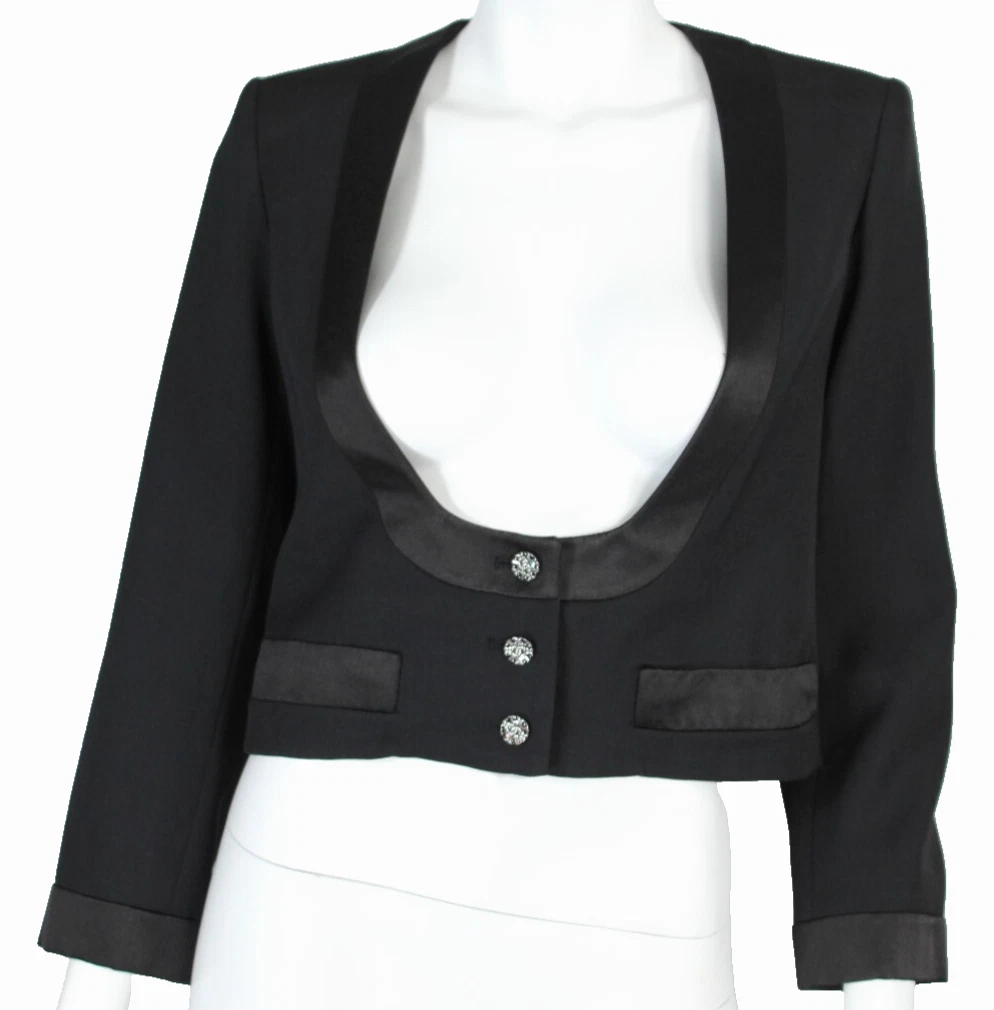 Giacca CHANEL 2022 22A nera lana tweed bordo raso cristallo CC bottoni cropped 40