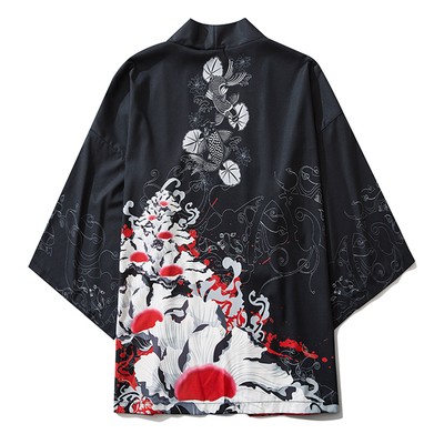 Niepce Ukiyo-e Waves and Carps Graphic Lightweight Harajuku Kimono Cardigan
