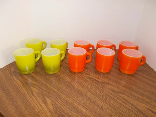 10 VINTAGE ANCHOR HOCKING FIRE KING ORANGE & GREEN COFFEE MUG LOT 8oz