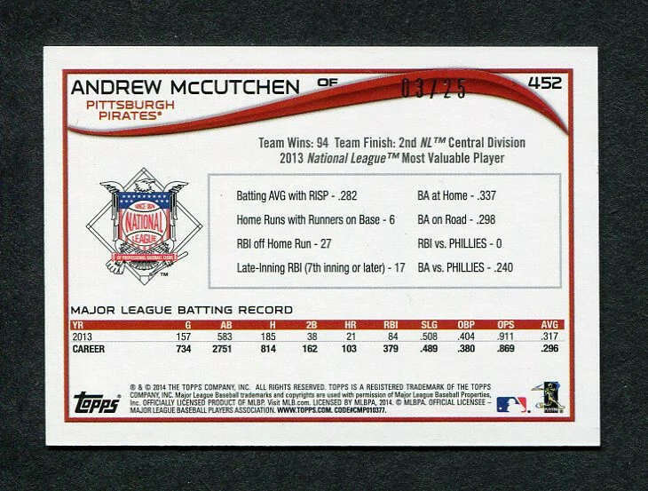 2014 Topps Mini Baseball Pink Card #452 Andrew McCutchen Pirates 03/25 - Image 2 of 2