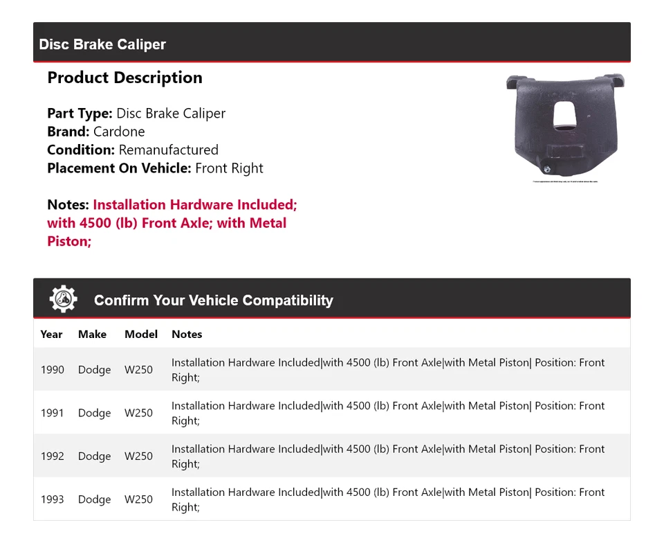 Pinza de freno de disco delantera derecha Cardone 1991 1992 para Dodge W250 1990-1993 Foto 2 de 4