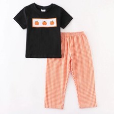 NEW Boutique Pumpkin Boys Embroidered Panel Shirt Plaid Pants Outfit Set
