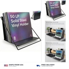 Vinyl Record Storage Rack - Record Holder for 50 LPs, Black Solid Steel Pow...