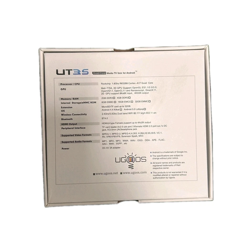 UGOOS UT3S  Smart TV Box A17 Quad Core 4K Ultra HD 1.8Ghz RK3288 2GB WIFI 16ROM - Image 3 of 4