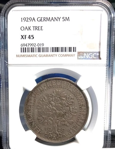 GERMANY 1929A 5 MARK OAK TREE NGC XF 45