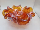 Vtg Ruffled Art Glass Bowl Red Orange W/Bullicante Bubbles Murano Style 6.25"