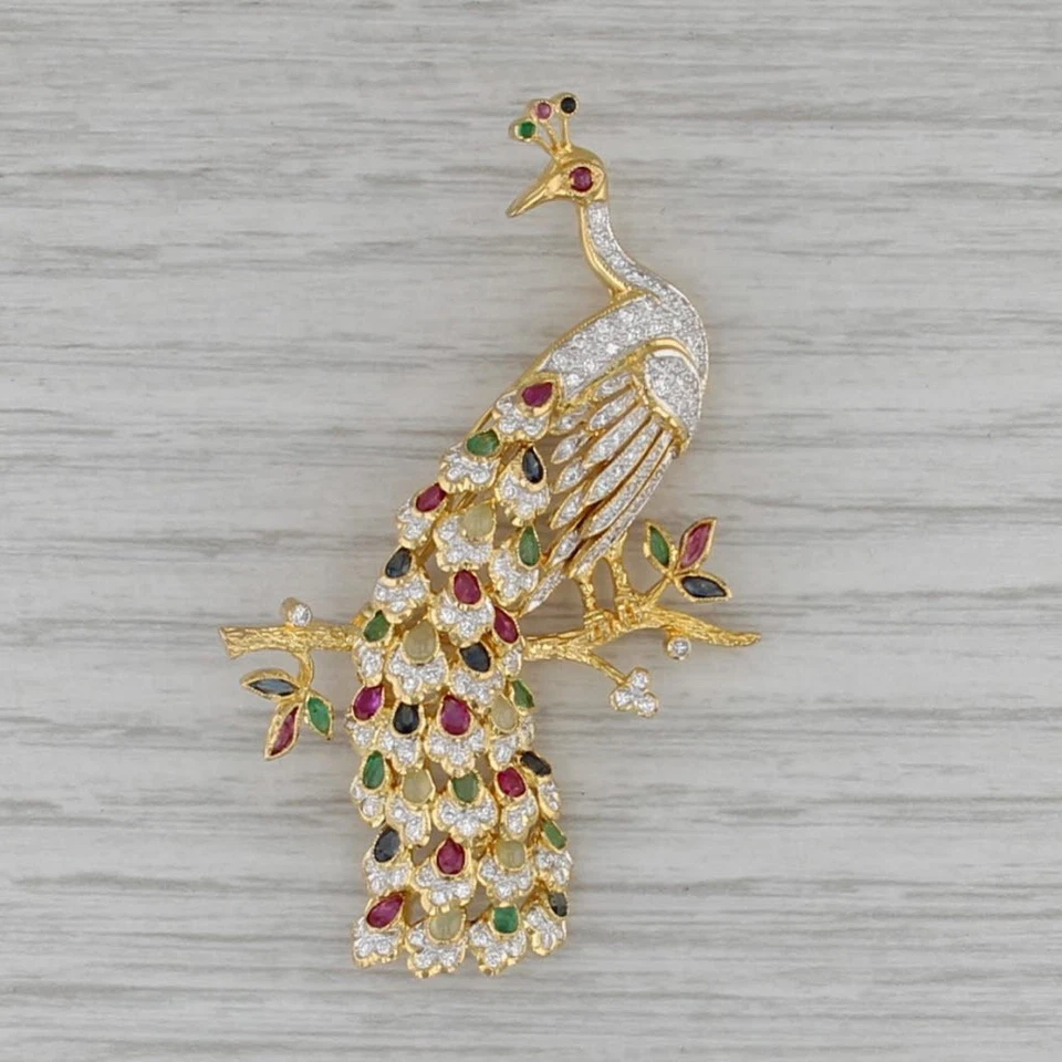 Broche de pavo real con piedras preciosas de 2,78 ctw prendedor de oro de 18 k diamante rubí zafiro esmeralda