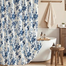 Farmhouse Blue Floral Shower Curtain Fabric Faux Linen Shower Curtain Set with