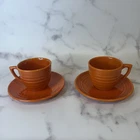Two Vintage Bauer Pottery Los Angeles Ringware Coffee Cups And Saucers Orange