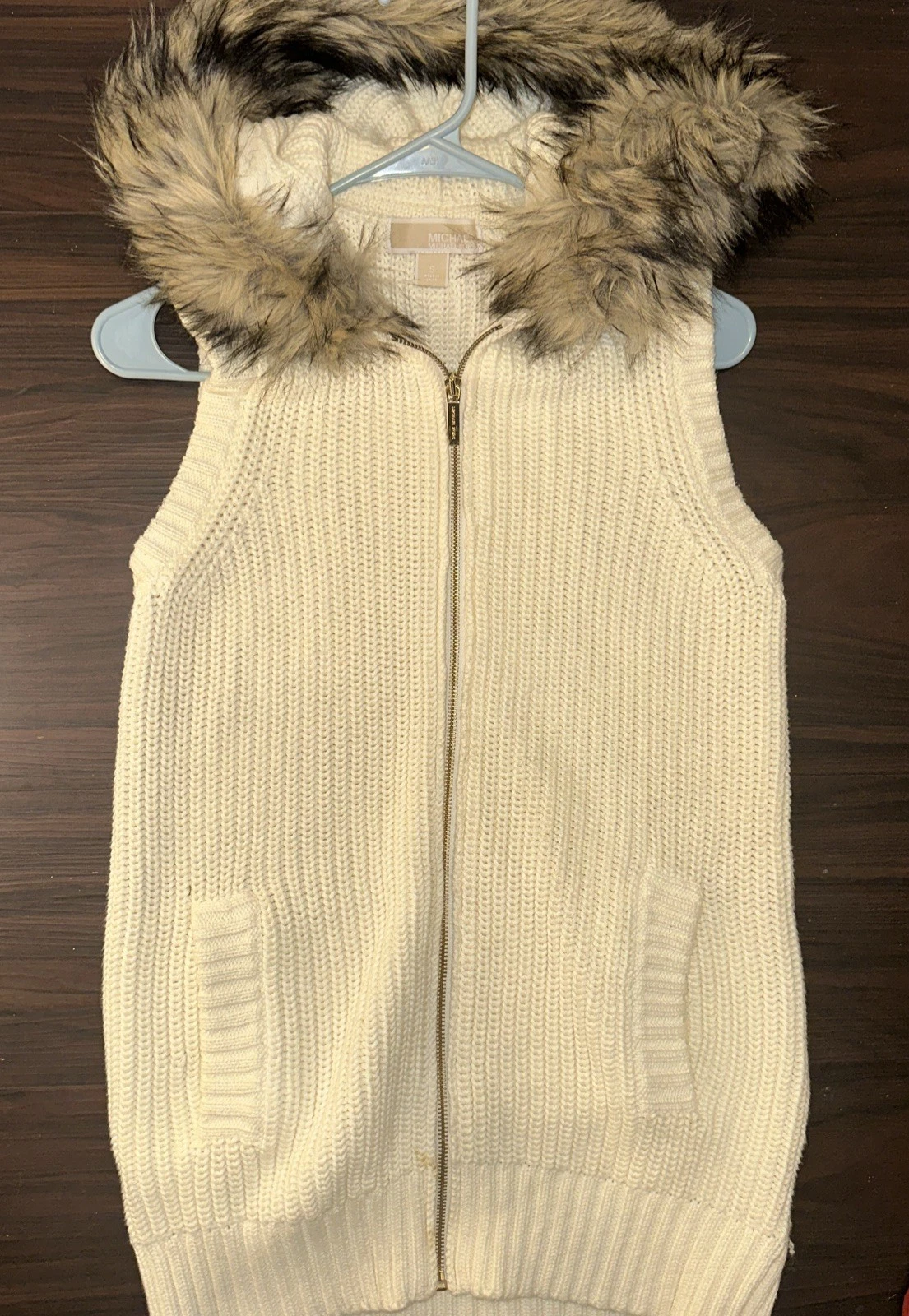 MICHAEL KORS Maglia Tessuto Pelliccia Gilet con Cappuccio Vestito Maglione Bianco Getto Piccolo