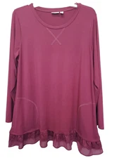 LOGO Lori Goldstein Rayon 230 Top w/ V-Stitch Chiffon Hem-Deep Lagoon-XL-A382381