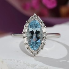 Pretty Marquise Cut Simulated Aquamarine Wedding Band Ring 14k White Gold Plated