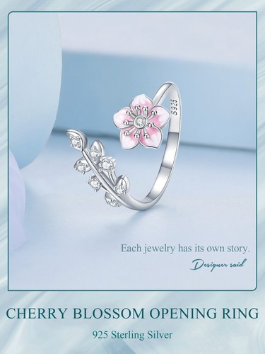 VOROCO S925 Sterling Silver Cherry Blossom Open Finger Ring Women Gifts Jewelry - Picture 12 of 12