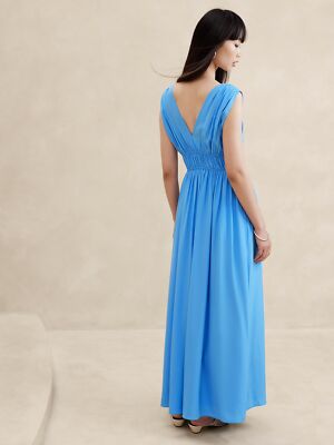 knee length dresses for ladies Coastal Cascade Halter Neck Tie Back Maxi Dress Blue / S main image 1