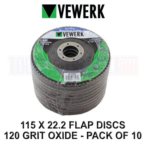 VEWERK Pack of 10 120 Grit Oxide Flap Discs 115mm X 22.2mm 8169