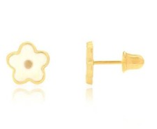 Solid 14k Yellow Gold Enamel Flower Screw Back Girls Stud Earrings