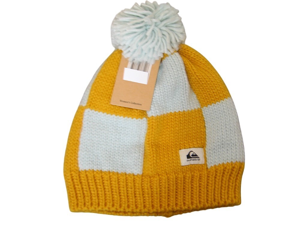 BNWT  QUIKSILVER Home Knit Style Checked Bobble Beanie Hat Pale Blue Yellow