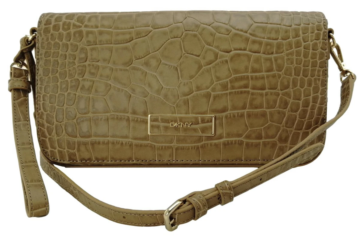 DKNY Tan Crossbody Shoulder Bag Camel Brown Leather Croc Embossed Womens Handbag