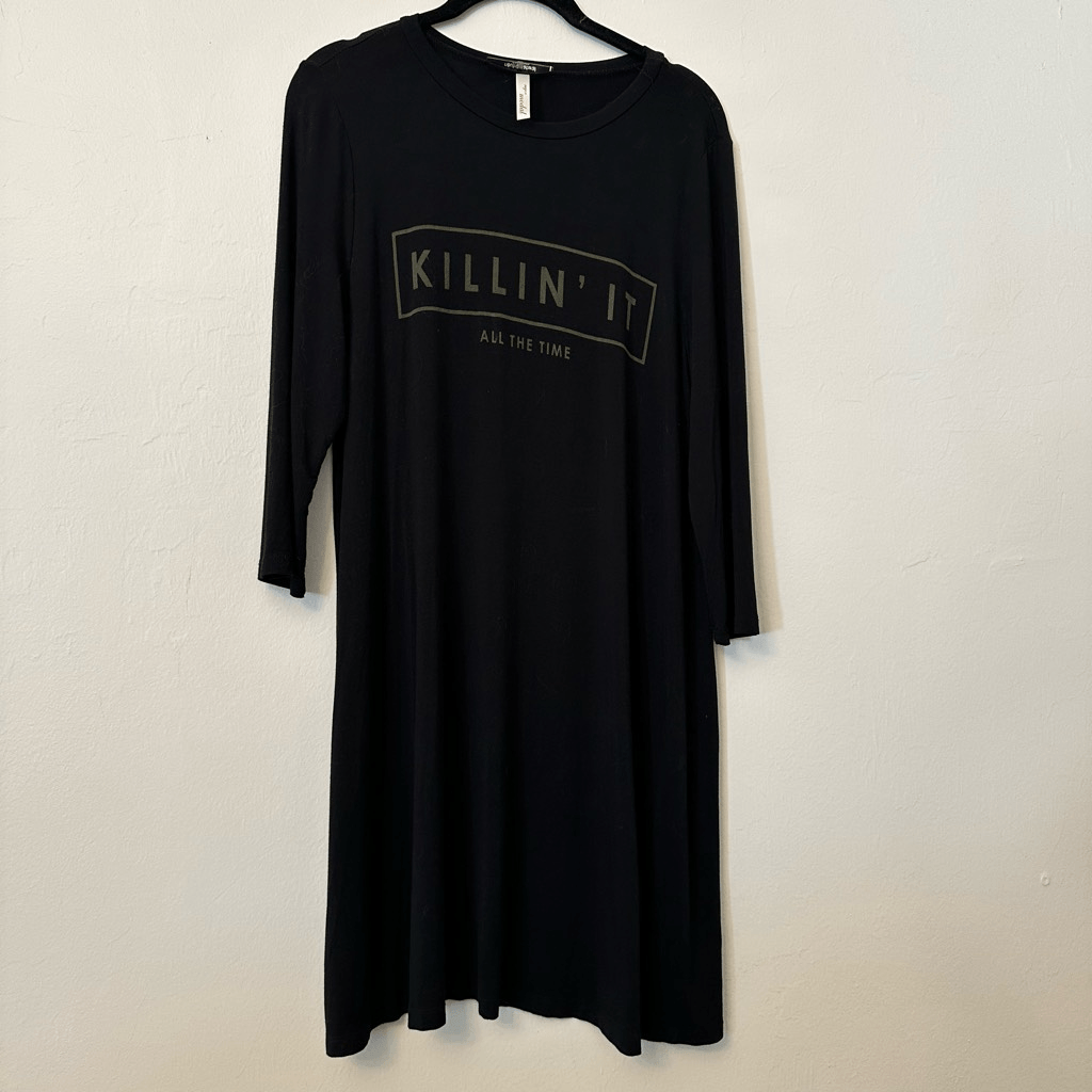 Final Touch Killin' It Print Rayon Modal 3/4 Sleeve Black Shift Dress Size Large