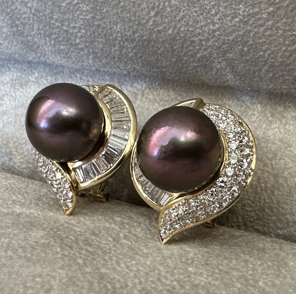 Aretes negros de perlas y diamantes del Mar del Sur en oro amarillo de 18 k - HM2564AN