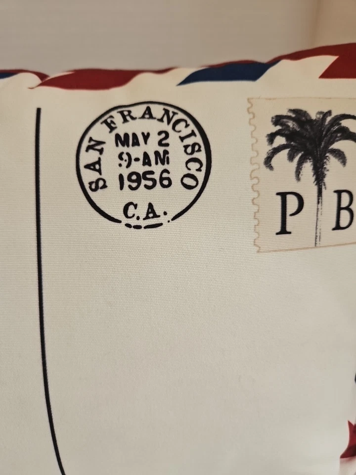 Almohada postal Pottery Barn "Wish You Were Here" EXTERIOR 19"x12" rojo blanco azul Foto 3 de 4