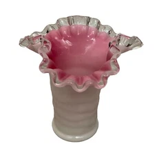 Vintage Fenton (?) Pink White Vase Ruffled Edge Milk BlownGlass 5.5”