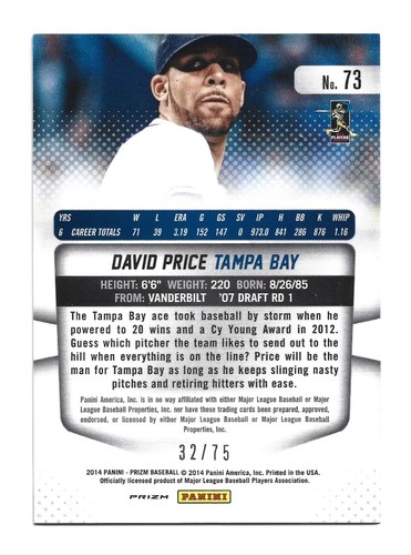 /75 Blue Mojo 2014 Panini Prizm #73 David Price Tampa Bay Rays Baseball Card - Picture 2 of 2