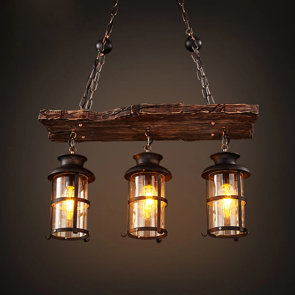 3-Light Farmhouse Loft Rustic Chandelier Wood Pendant Ceiling Light Fixture Lamp - Image 4 of 4