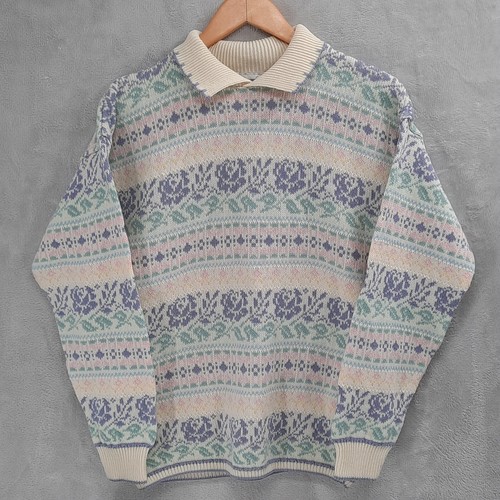 Vintage 80s Pastel Rose Diamond Scalloped Collar Grandma Core Sweater Womens M