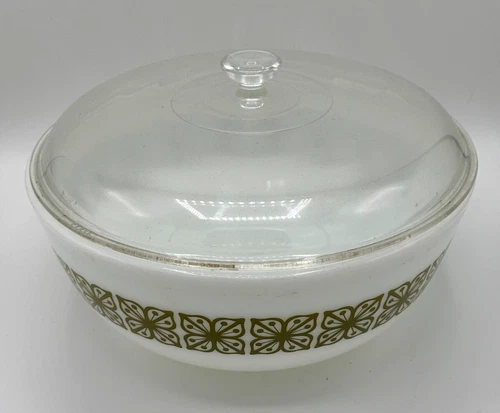 Vintage Pyrex Verde Floral 4 Qt Casserole W/ Lid Green Square Flower