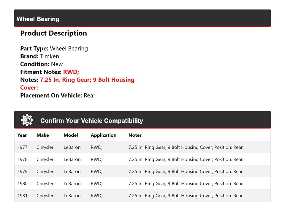 Cojinete de rueda trasero Timken 1978 1979 1980 para Chrysler LeBaron 1977-1981 tracción trasera Foto 2 de 4