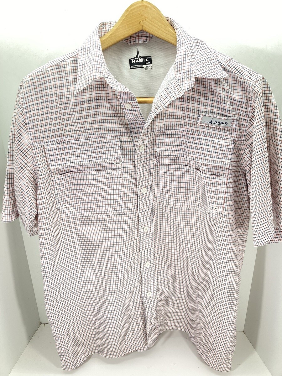 Habit Fishing Shirt Men Size Medium Red Blue Check Button Short Sleeve  Vented