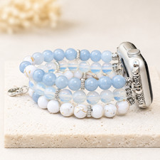 Beaded Apple Watch Band Aquamarine Opal Silver Heart Custom Initials Bracelet